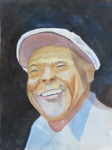 painting of a blues player in a sporty hat