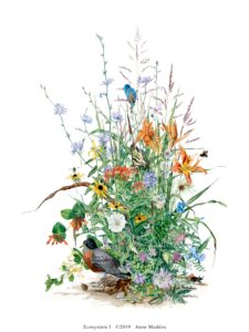 painting by Anne Maddox of a bird in wildflowers