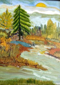 painting of a stream with pine trees