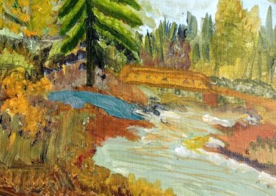 painting of a stream with pine trees