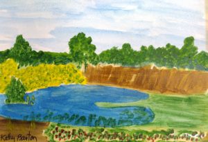 painting of farm with pond