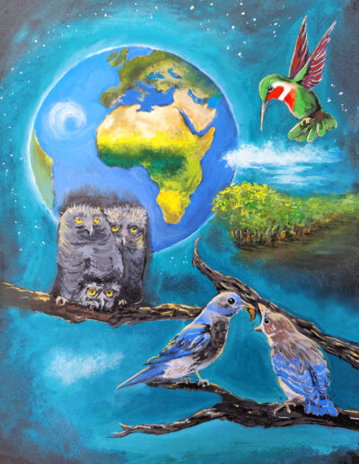 painting of birds surrounded by earth in its orbit