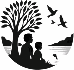 Art for Earth logo with a family sitting under a tree and and looking at nature around a lake