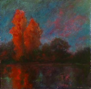 Painting of red maples in fall near pond
