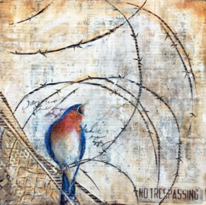 painting of bluebird singing with barbed wire