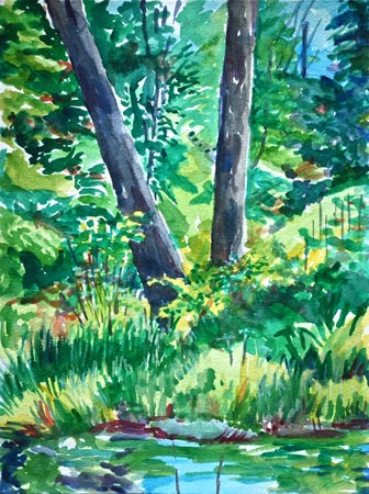 Painting of tree, pond, and foliage