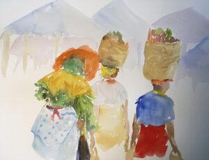 painting of women carryint market purchases on their heads