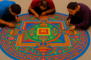 people creating a sand mural