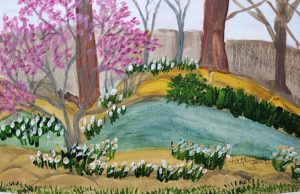 painting of shaded pond with narcissus