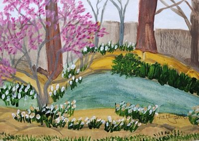 painting of shaded pond with narcissus