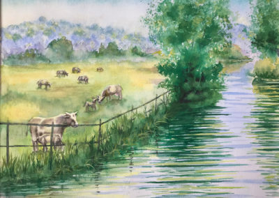painting of cattle in pasture by river