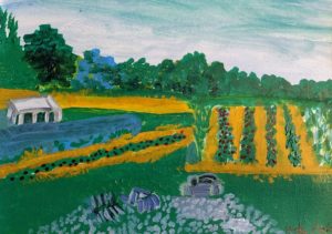 painting of a strawberry farm with outbuilding