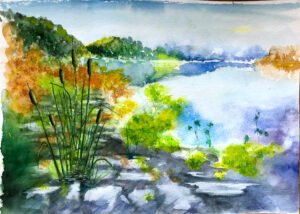 Painting of lake with rocks in foreground