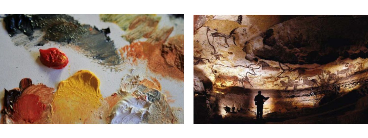 a paint palette with colorful paint dabs and a photo of cave art