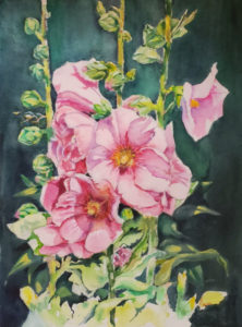 painting of pink hollyhocks