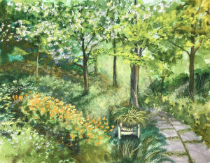 Painting of woodland path with sunlight