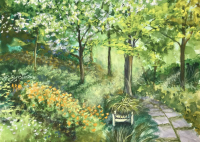 Painting of woodland path with sunlight